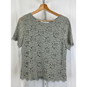 DIANE VON FURSTENBERG DVF Size S Brylee Lace Top Short Sleeve Lined Green Gray